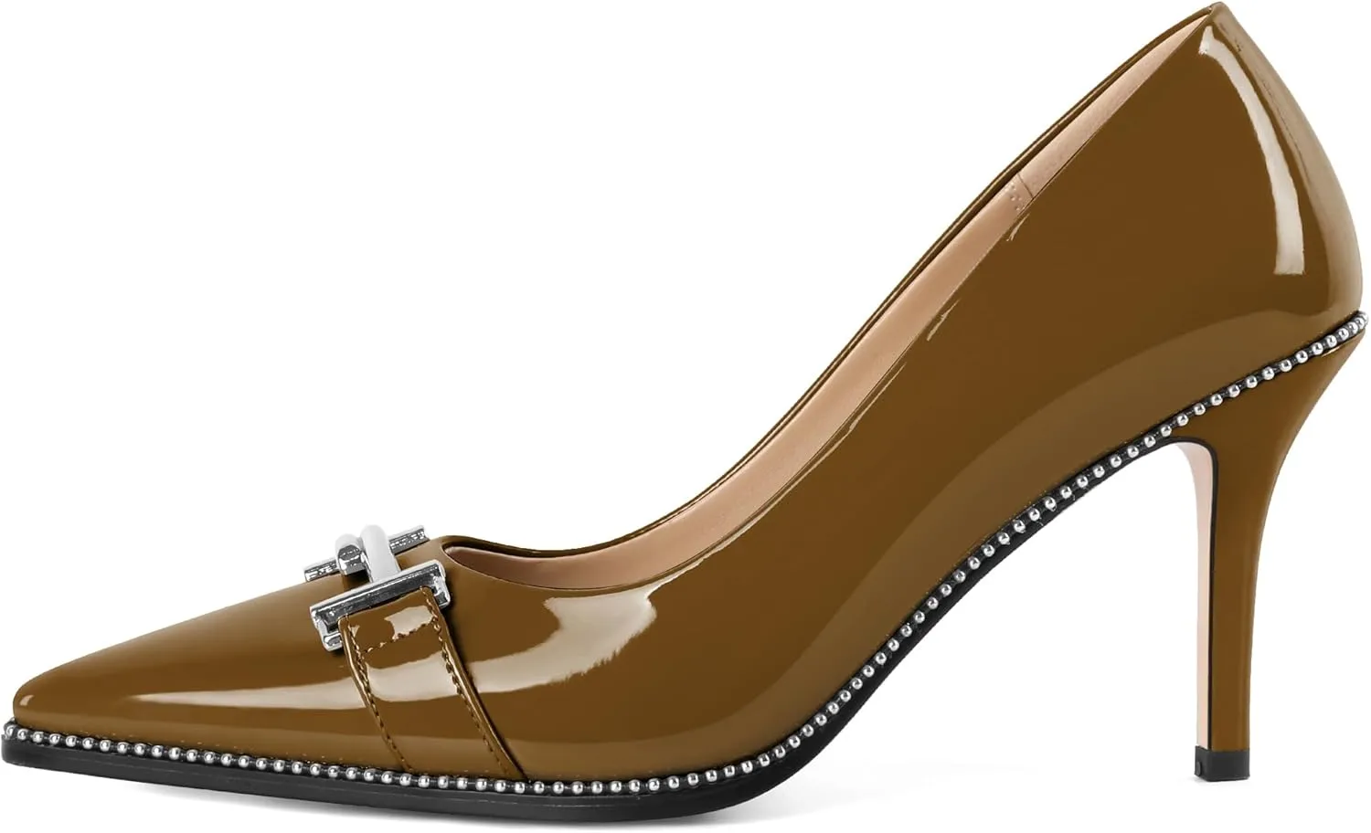 Eldof Women's High Heel Pumps Pointed Toe Slip On Metallic Buckle Stiletto Heels Studed Beaded Pumps Shoes Women 3.5 Inches