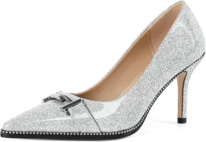 Eldof Women's High Heel Pumps Pointed Toe Slip On Metallic Buckle Stiletto Heels Studed Beaded Pumps Shoes Women 3.5 Inches