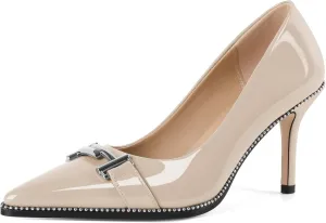 Eldof Women's High Heel Pumps Pointed Toe Slip On Metallic Buckle Stiletto Heels Studed Beaded Pumps Shoes Women 3.5 Inches