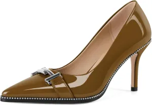 Eldof Women's High Heel Pumps Pointed Toe Slip On Metallic Buckle Stiletto Heels Studed Beaded Pumps Shoes Women 3.5 Inches