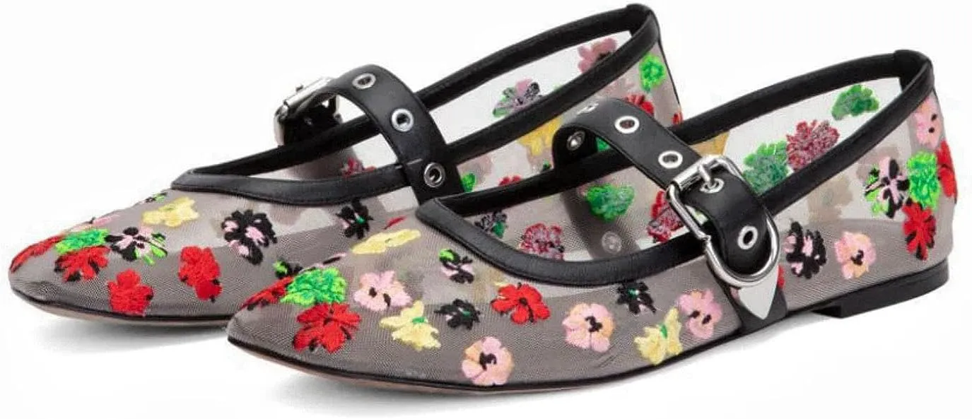 Floral Mesh Ballet Shoes for Women Buckle Strap Floral Embroidered Mary Jane Flats