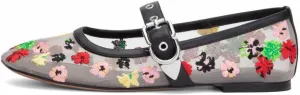Floral Mesh Ballet Shoes for Women Buckle Strap Floral Embroidered Mary Jane Flats