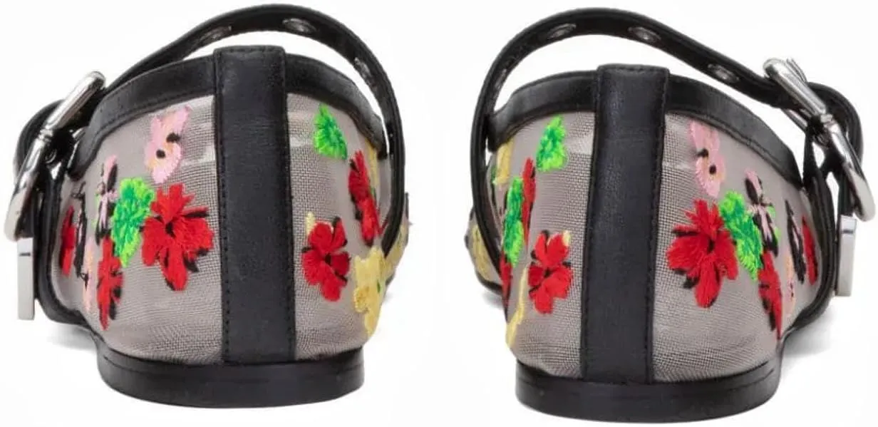 Floral Mesh Ballet Shoes for Women Buckle Strap Floral Embroidered Mary Jane Flats