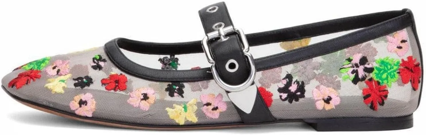 Floral Mesh Ballet Shoes for Women Buckle Strap Floral Embroidered Mary Jane Flats