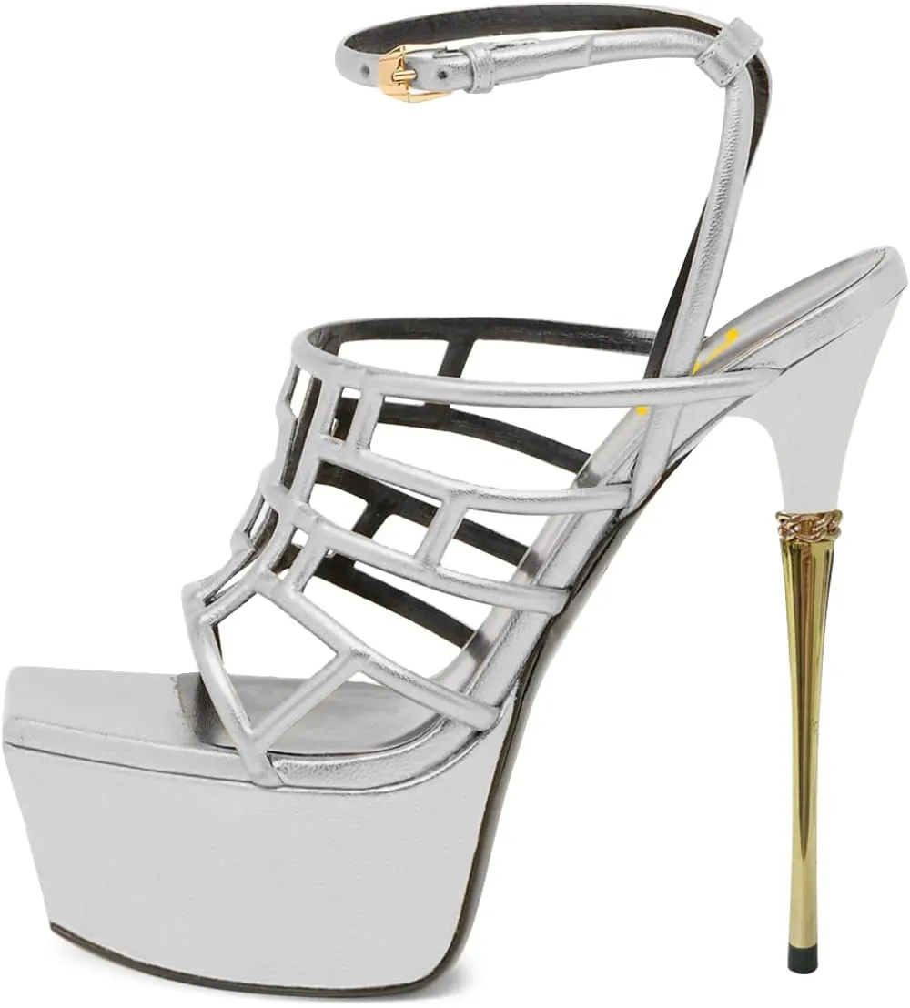 FSJ Women High Platform Stiletto Heel Sandals Square Open Toe Grid Strappy Ankle Strap Evening Party Dress Shoes Size 4-15 US