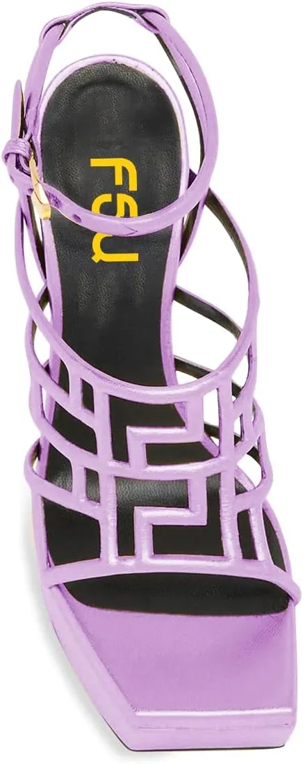 FSJ Women High Platform Stiletto Heel Sandals Square Open Toe Grid Strappy Ankle Strap Evening Party Dress Shoes Size 4-15 US