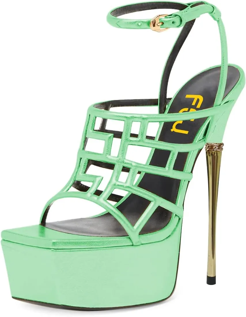 FSJ Women High Platform Stiletto Heel Sandals Square Open Toe Grid Strappy Ankle Strap Evening Party Dress Shoes Size 4-15 US