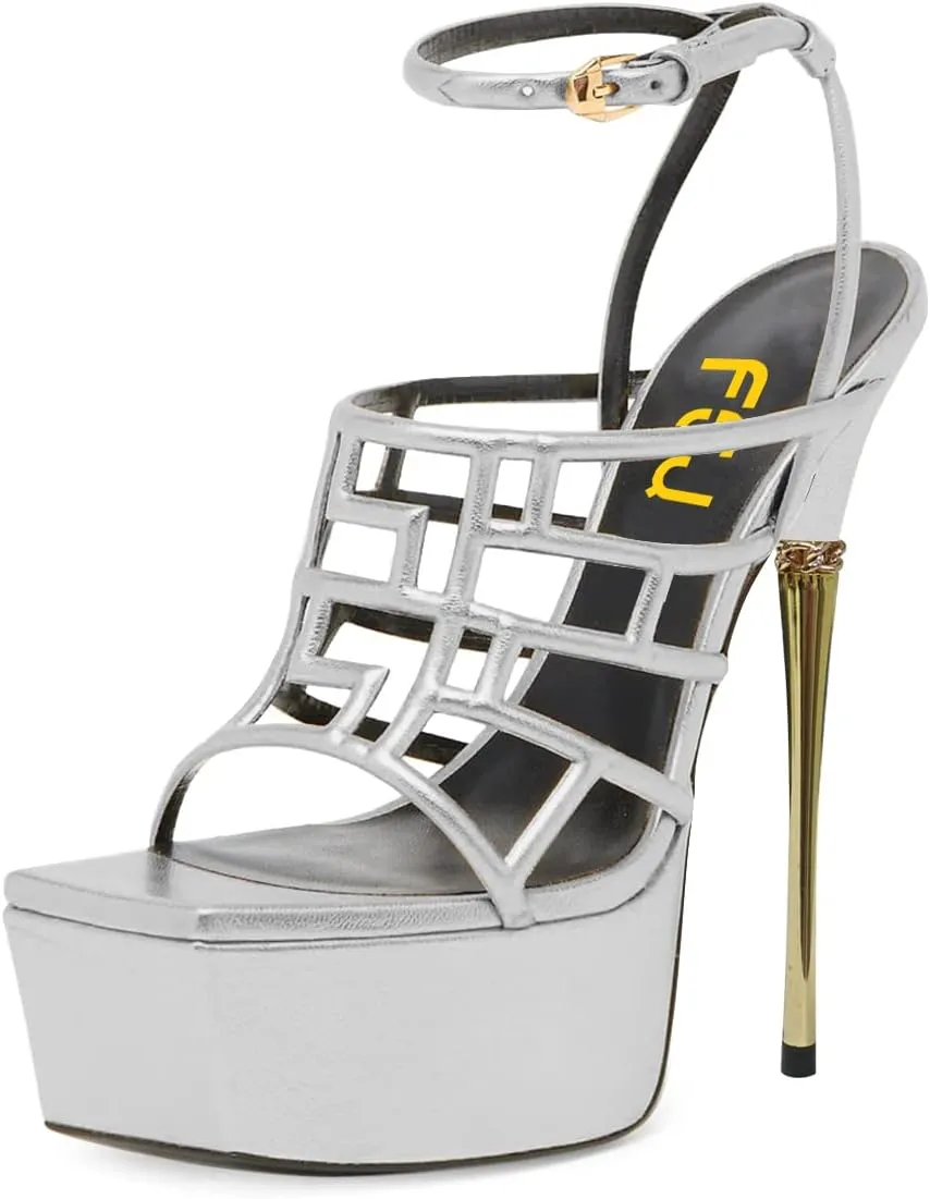 FSJ Women High Platform Stiletto Heel Sandals Square Open Toe Grid Strappy Ankle Strap Evening Party Dress Shoes Size 4-15 US