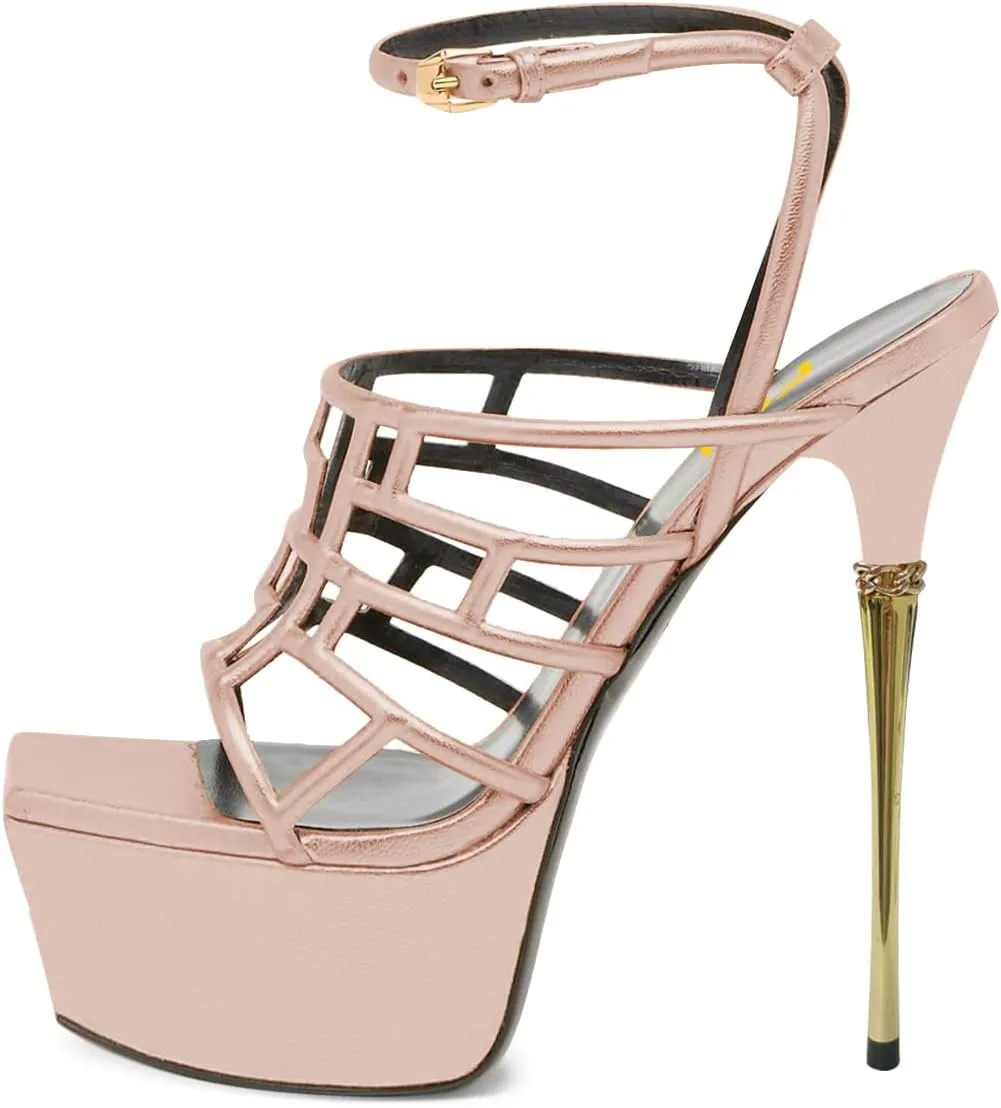 FSJ Women High Platform Stiletto Heel Sandals Square Open Toe Grid Strappy Ankle Strap Evening Party Dress Shoes Size 4-15 US