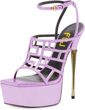 FSJ Women High Platform Stiletto Heel Sandals Square Open Toe Grid Strappy Ankle Strap Evening Party Dress Shoes Size 4-15 US
