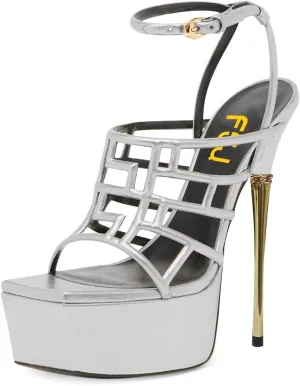 FSJ Women High Platform Stiletto Heel Sandals Square Open Toe Grid Strappy Ankle Strap Evening Party Dress Shoes Size 4-15 US