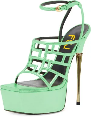 FSJ Women High Platform Stiletto Heel Sandals Square Open Toe Grid Strappy Ankle Strap Evening Party Dress Shoes Size 4-15 US