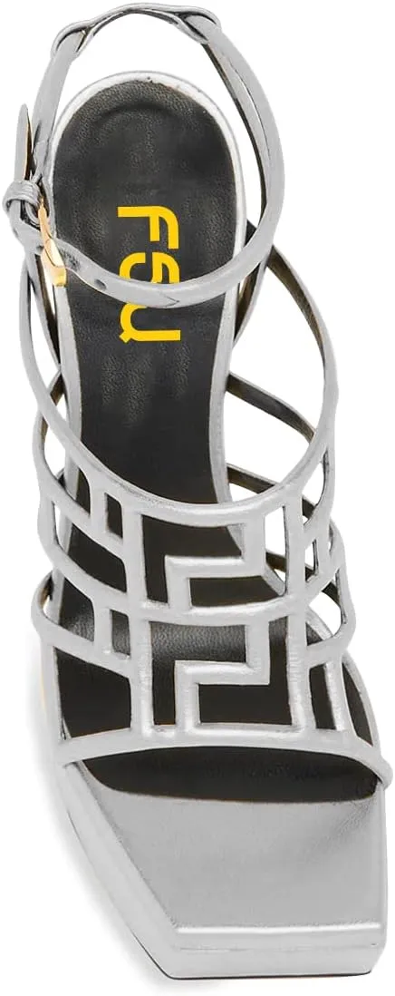 FSJ Women High Platform Stiletto Heel Sandals Square Open Toe Grid Strappy Ankle Strap Evening Party Dress Shoes Size 4-15 US