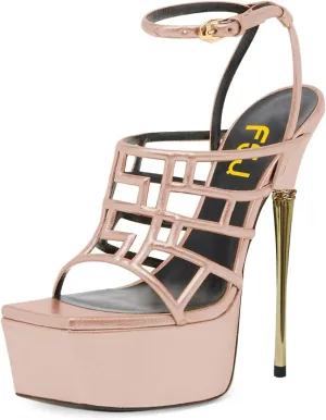 FSJ Women High Platform Stiletto Heel Sandals Square Open Toe Grid Strappy Ankle Strap Evening Party Dress Shoes Size 4-15 US
