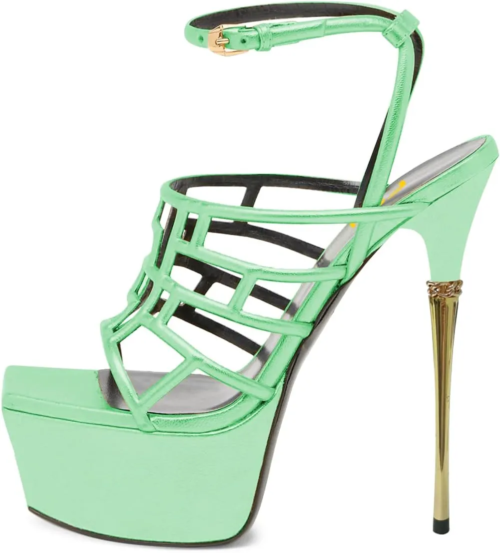 FSJ Women High Platform Stiletto Heel Sandals Square Open Toe Grid Strappy Ankle Strap Evening Party Dress Shoes Size 4-15 US