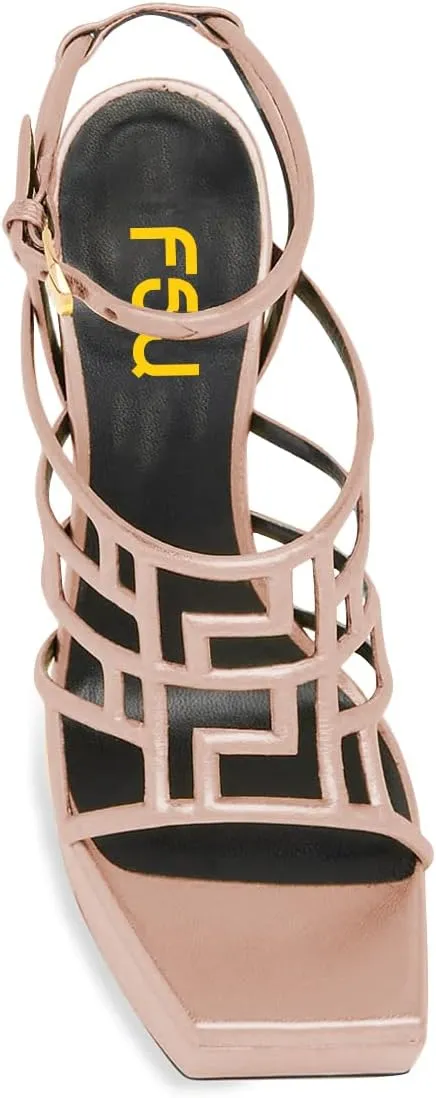 FSJ Women High Platform Stiletto Heel Sandals Square Open Toe Grid Strappy Ankle Strap Evening Party Dress Shoes Size 4-15 US