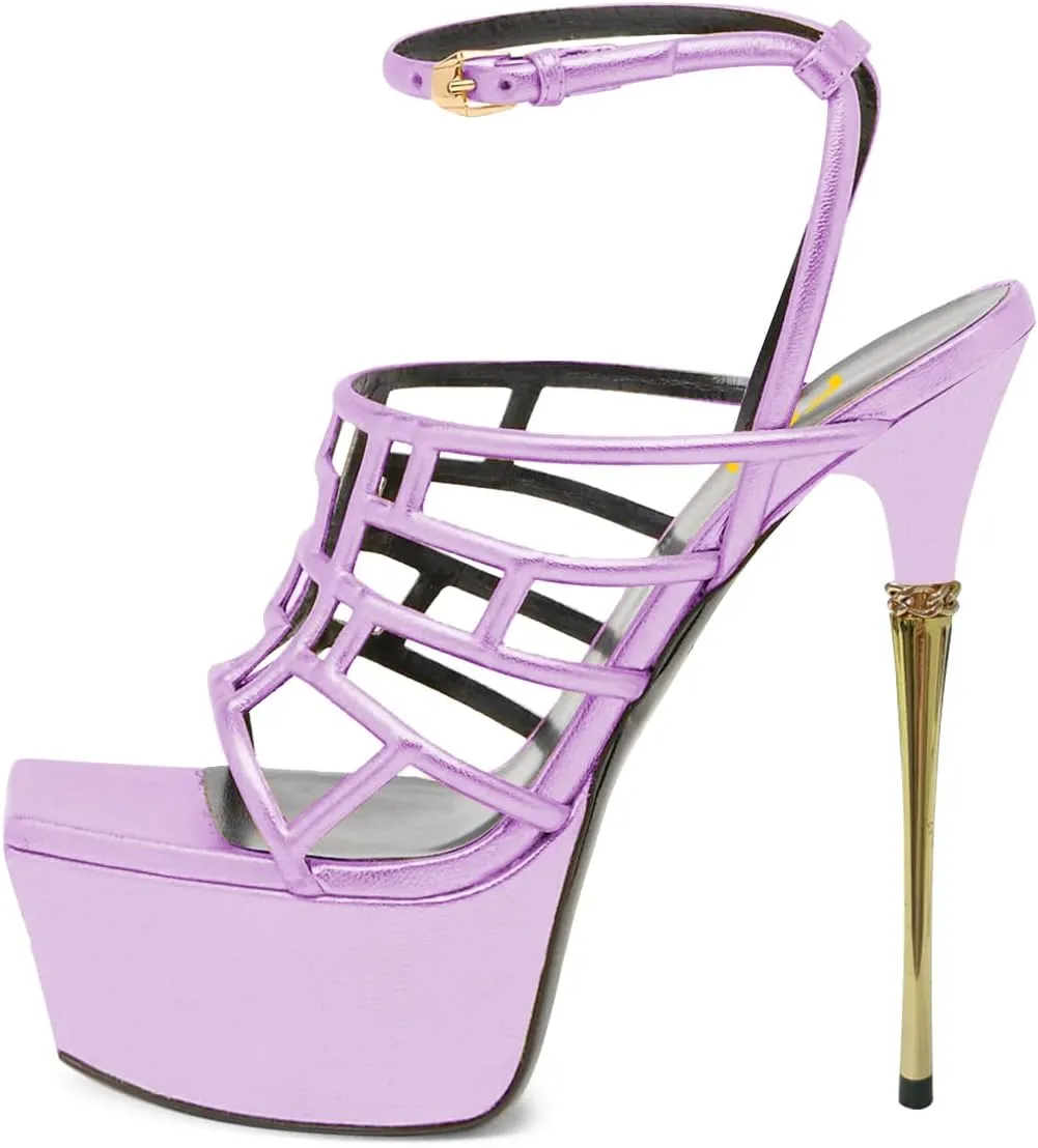 FSJ Women High Platform Stiletto Heel Sandals Square Open Toe Grid Strappy Ankle Strap Evening Party Dress Shoes Size 4-15 US