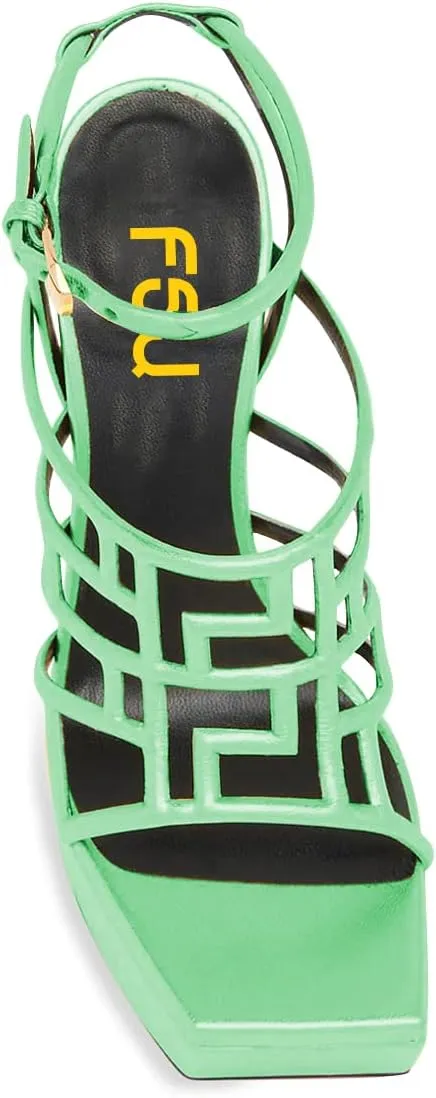 FSJ Women High Platform Stiletto Heel Sandals Square Open Toe Grid Strappy Ankle Strap Evening Party Dress Shoes Size 4-15 US
