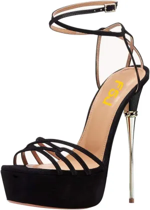 FSJ Women Sexy Strappy Open Toe Platform Sandals Ankle Strap High Stiletto Heel Metallic Dress Party Shoes Size 4-15 US