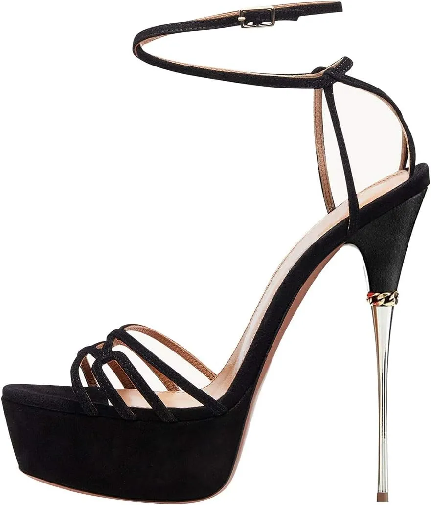 FSJ Women Sexy Strappy Open Toe Platform Sandals Ankle Strap High Stiletto Heel Metallic Dress Party Shoes Size 4-15 US