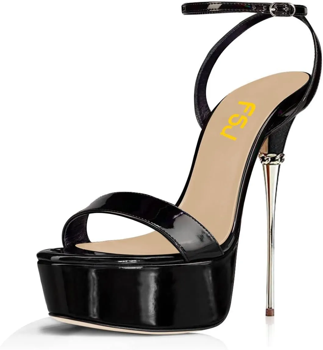 FSJ Women Sexy Strappy Open Toe Platform Sandals Ankle Strap High Stiletto Heel Metallic Dress Party Shoes Size 4-15 US