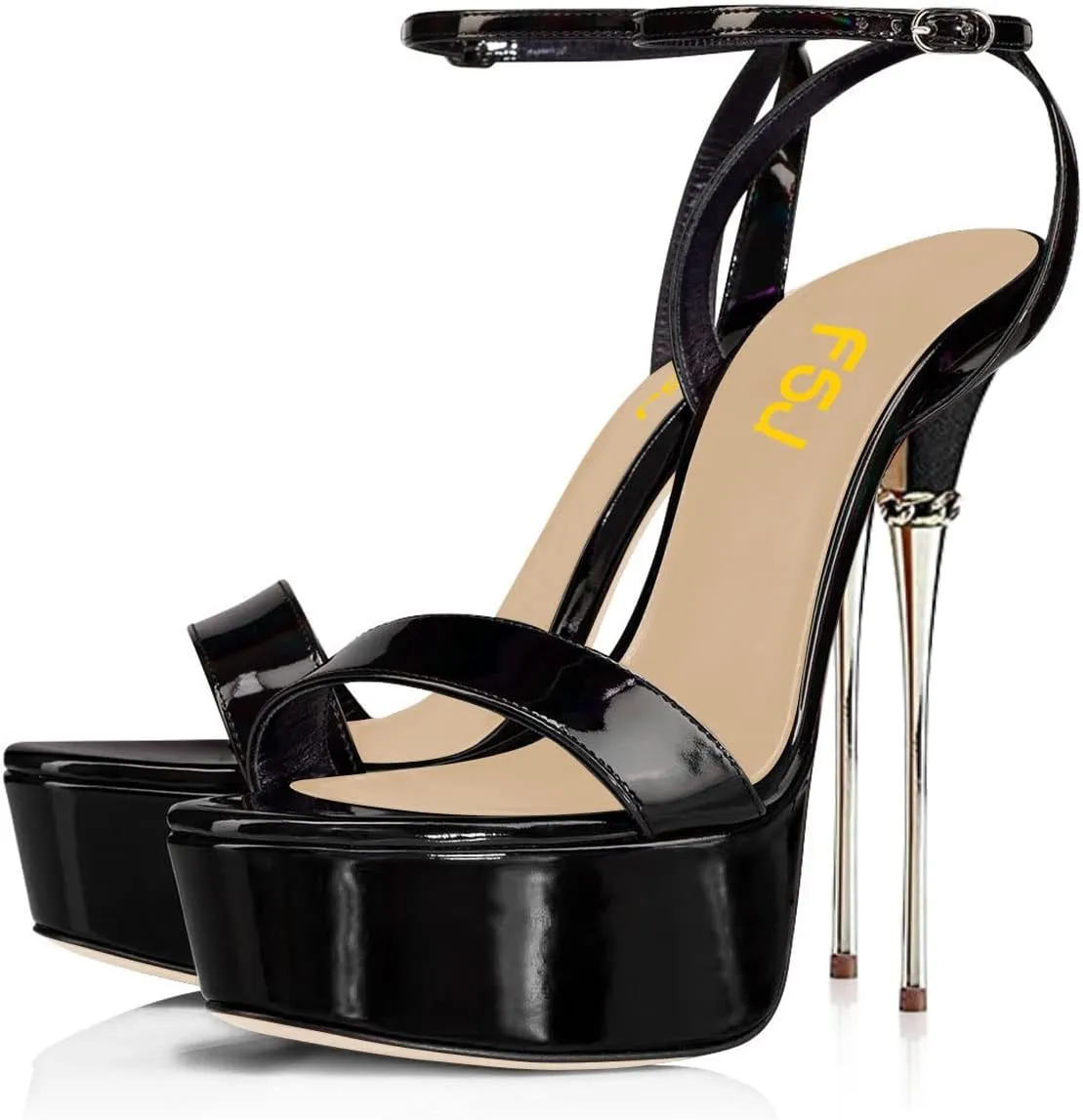 FSJ Women Sexy Strappy Open Toe Platform Sandals Ankle Strap High Stiletto Heel Metallic Dress Party Shoes Size 4-15 US