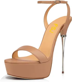 FSJ Women Sexy Strappy Open Toe Platform Sandals Ankle Strap High Stiletto Heel Metallic Dress Party Shoes Size 4-15 US