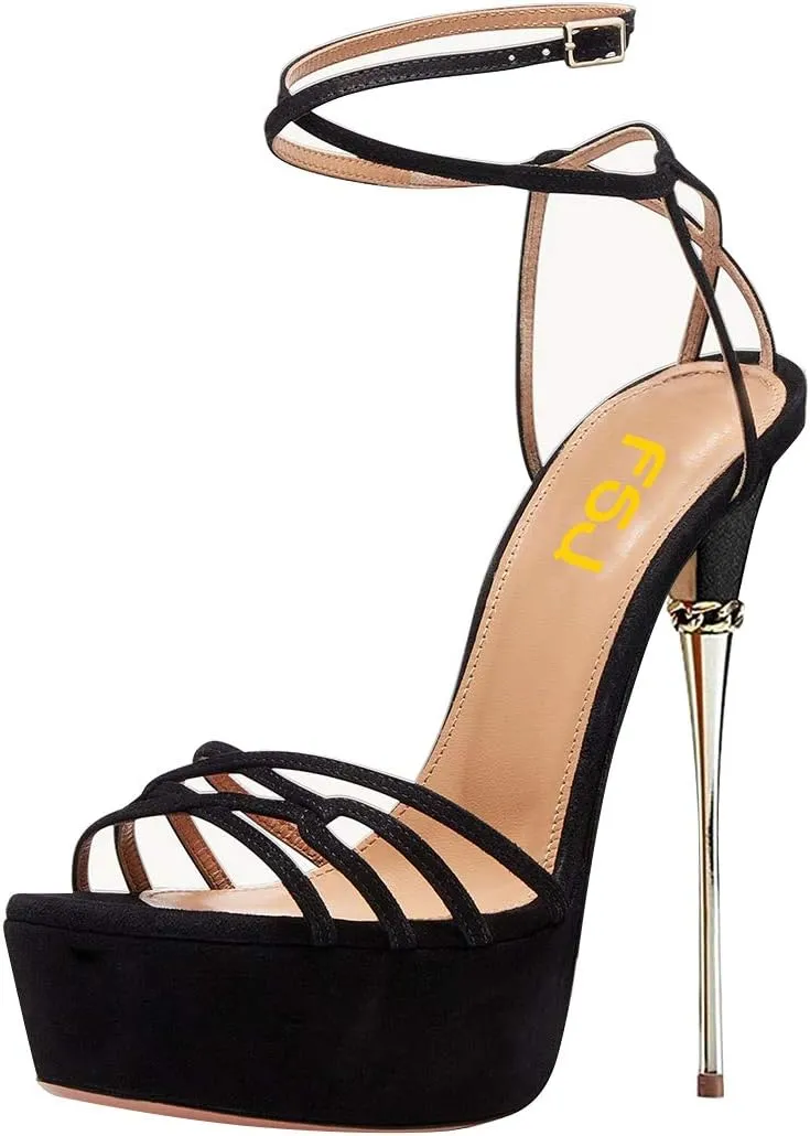 FSJ Women Sexy Strappy Open Toe Platform Sandals Ankle Strap High Stiletto Heel Metallic Dress Party Shoes Size 4-15 US