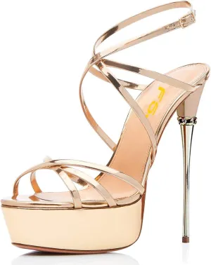 FSJ Women Sexy Strappy Open Toe Platform Sandals Ankle Strap High Stiletto Heel Metallic Dress Party Shoes Size 4-15 US
