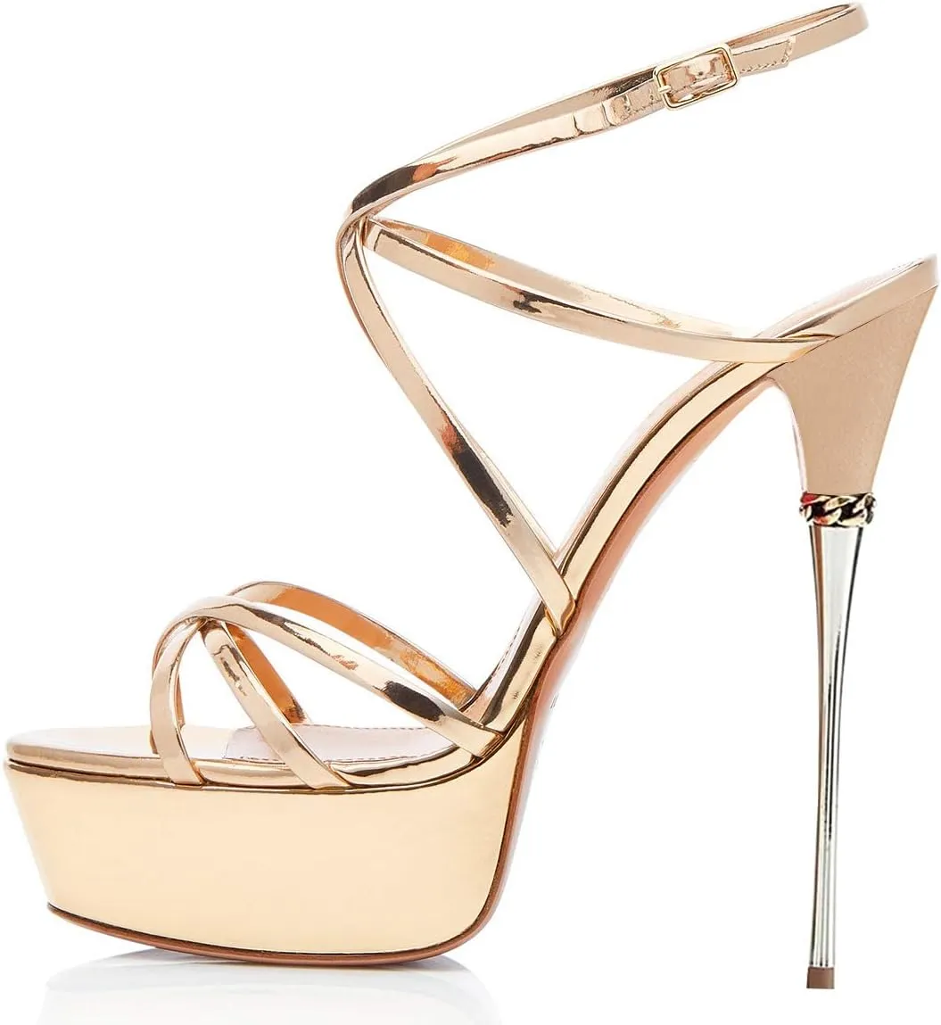 FSJ Women Sexy Strappy Open Toe Platform Sandals Ankle Strap High Stiletto Heel Metallic Dress Party Shoes Size 4-15 US