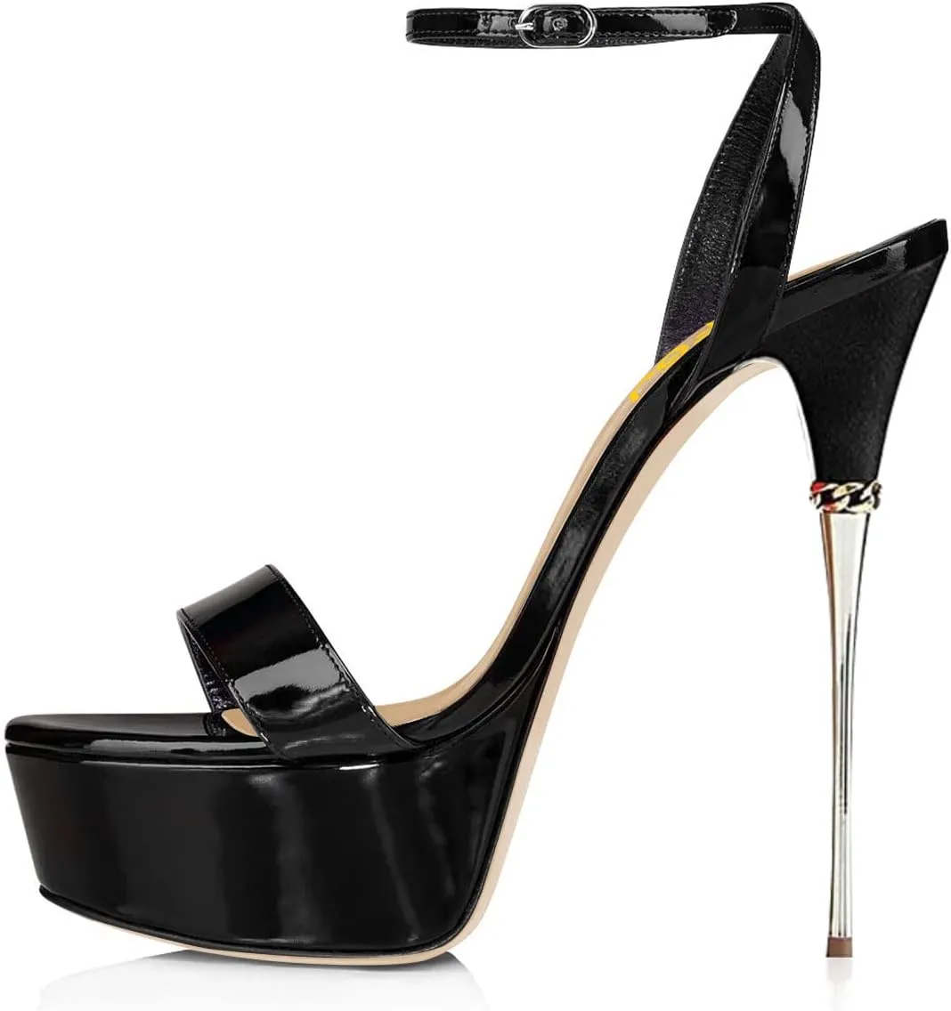 FSJ Women Sexy Strappy Open Toe Platform Sandals Ankle Strap High Stiletto Heel Metallic Dress Party Shoes Size 4-15 US