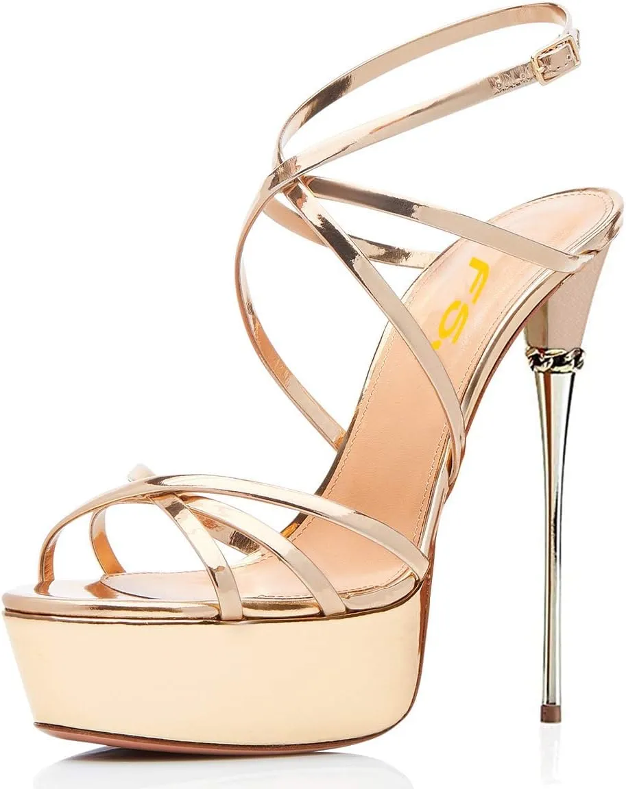 FSJ Women Sexy Strappy Open Toe Platform Sandals Ankle Strap High Stiletto Heel Metallic Dress Party Shoes Size 4-15 US