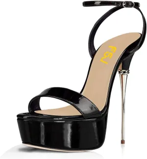 FSJ Women Sexy Strappy Open Toe Platform Sandals Ankle Strap High Stiletto Heel Metallic Dress Party Shoes Size 4-15 US
