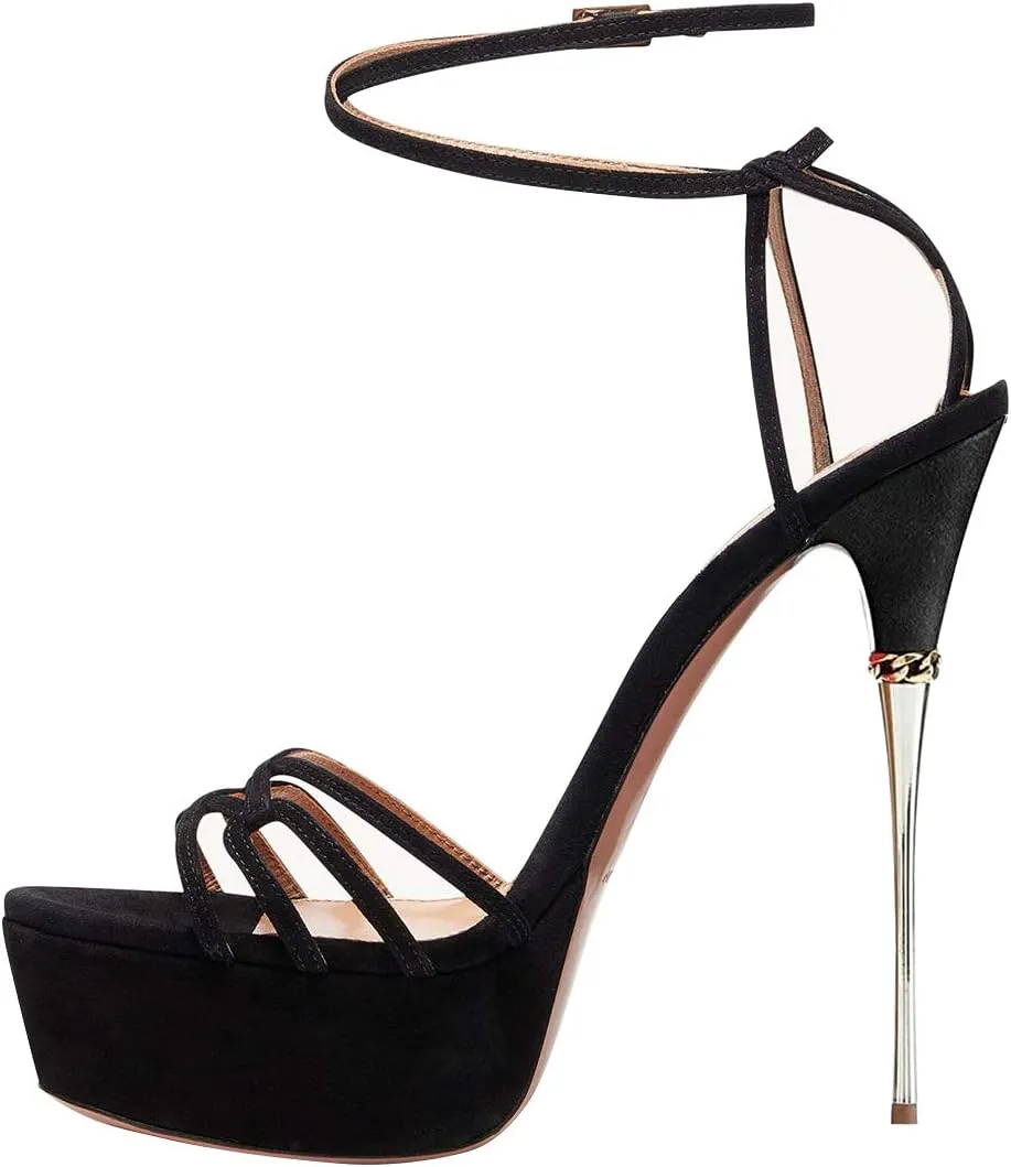 FSJ Women Sexy Strappy Open Toe Platform Sandals Ankle Strap High Stiletto Heel Metallic Dress Party Shoes Size 4-15 US