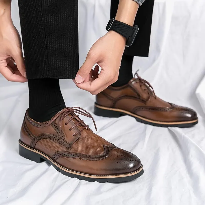 Handmade Mens Wingtip Oxford Shoes Brown Leather Brogue Men's Dress Shoes Classic Business Formal Shoes for Men Zapatillas Hombre