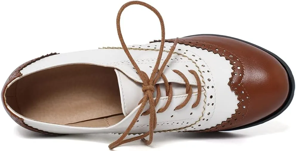 KOKOMOMO Womens Wingtip Oxford Heels Vintage Lace Up Chunky Brogue Shoes