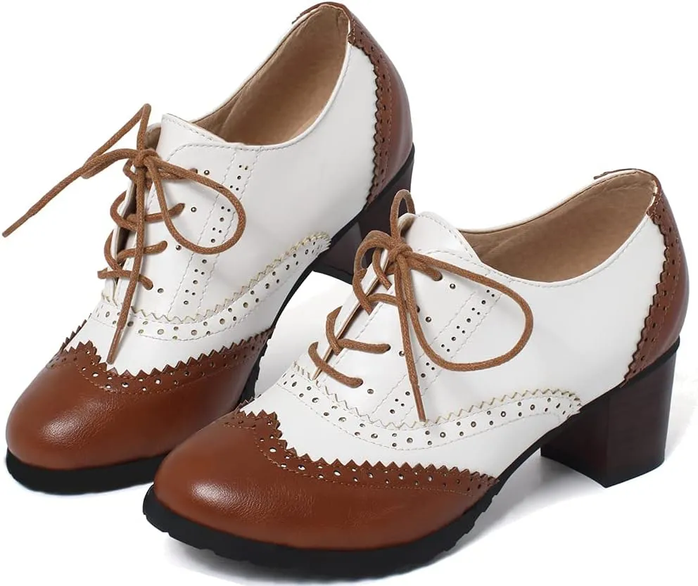 KOKOMOMO Womens Wingtip Oxford Heels Vintage Lace Up Chunky Brogue Shoes