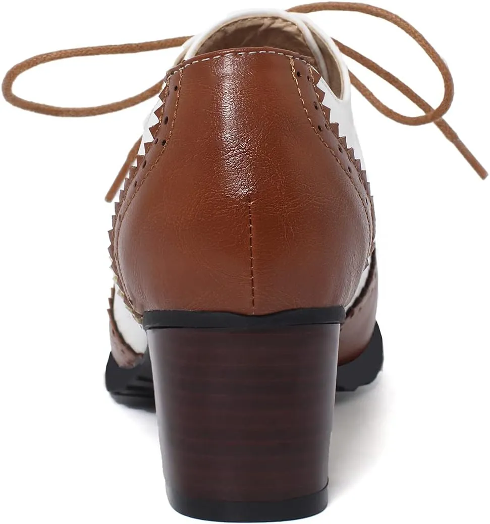 KOKOMOMO Womens Wingtip Oxford Heels Vintage Lace Up Chunky Brogue Shoes