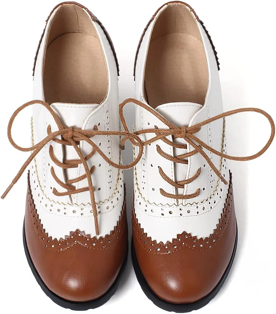 KOKOMOMO Womens Wingtip Oxford Heels Vintage Lace Up Chunky Brogue Shoes