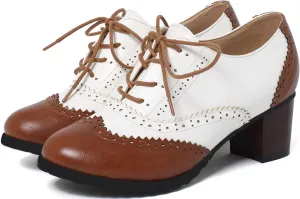 KOKOMOMO Womens Wingtip Oxford Heels Vintage Lace Up Chunky Brogue Shoes