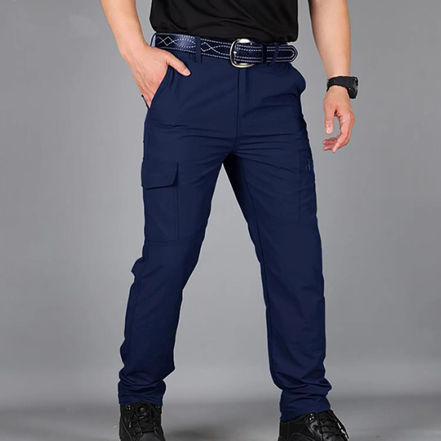 Men Cargo Work Trousers Combat Pants Quick Dry Waterproof Bottoms Elastic Waist Sweatpants Solid Color Outdoor Pant