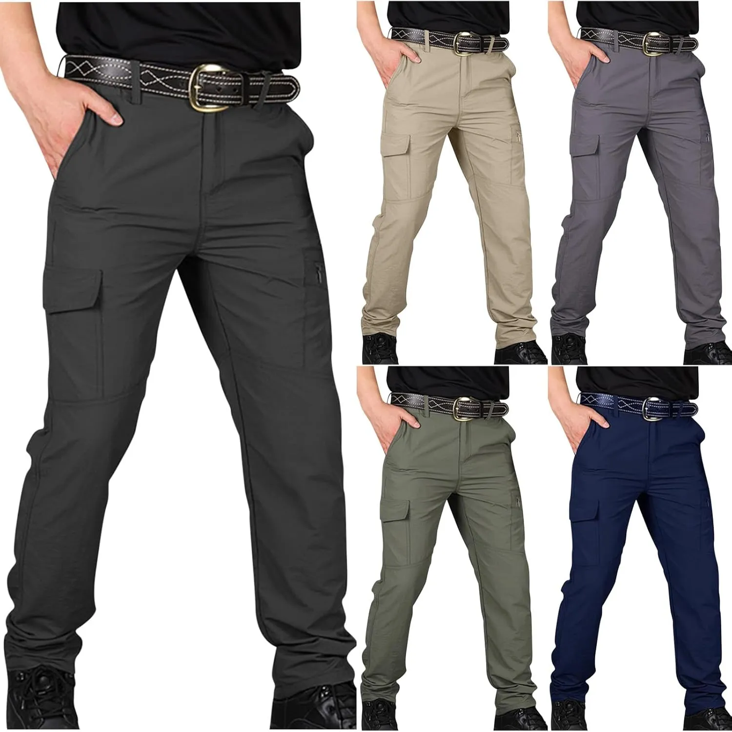 Men Cargo Work Trousers Combat Pants Quick Dry Waterproof Bottoms Elastic Waist Sweatpants Solid Color Outdoor Pant