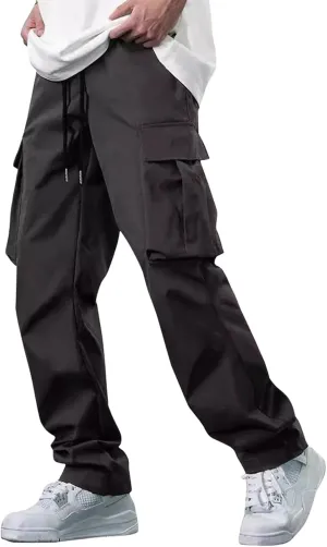 Mens Cargo Pants Relaxed Fit Drawstring Waist Open Bottom Cargo Pants with Pockets Outdoor Trendy Hiking Pants