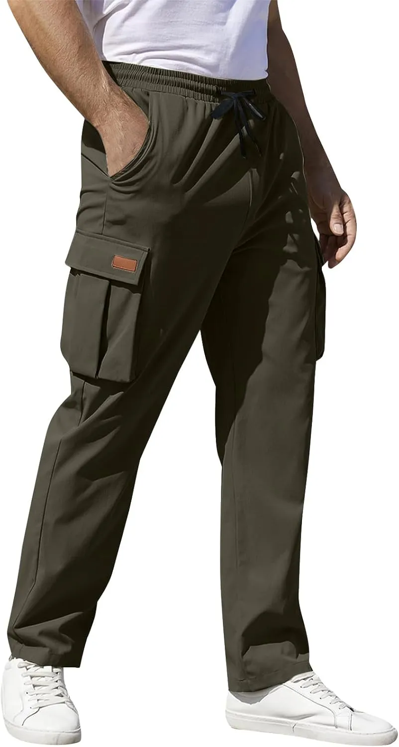 Mens Cargo Pants Relaxed Fit Drawstring Waist Open Bottom Cargo Pants with Pockets Outdoor Trendy Hiking Pants