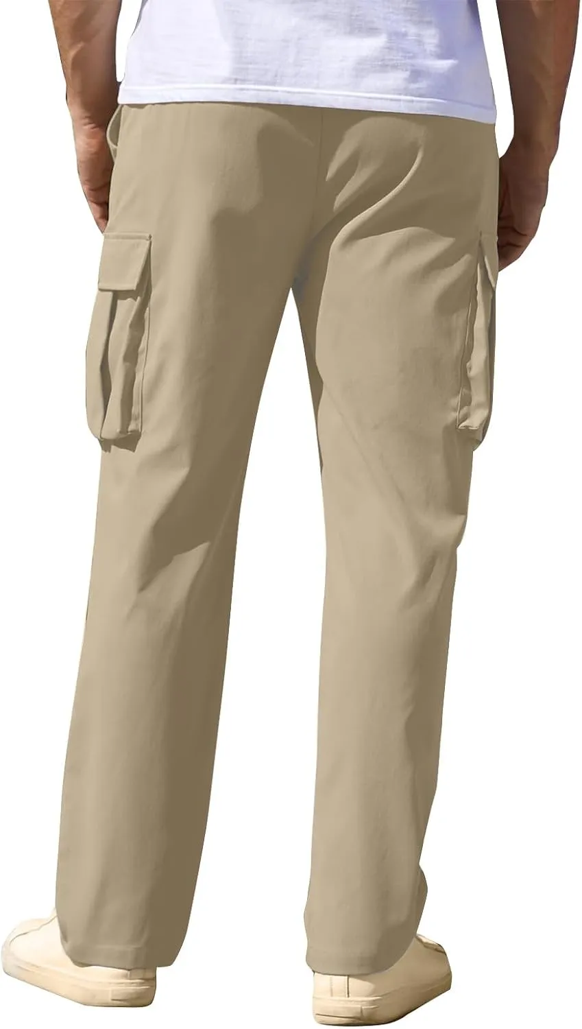 Mens Cargo Pants Relaxed Fit Drawstring Waist Open Bottom Cargo Pants with Pockets Outdoor Trendy Hiking Pants