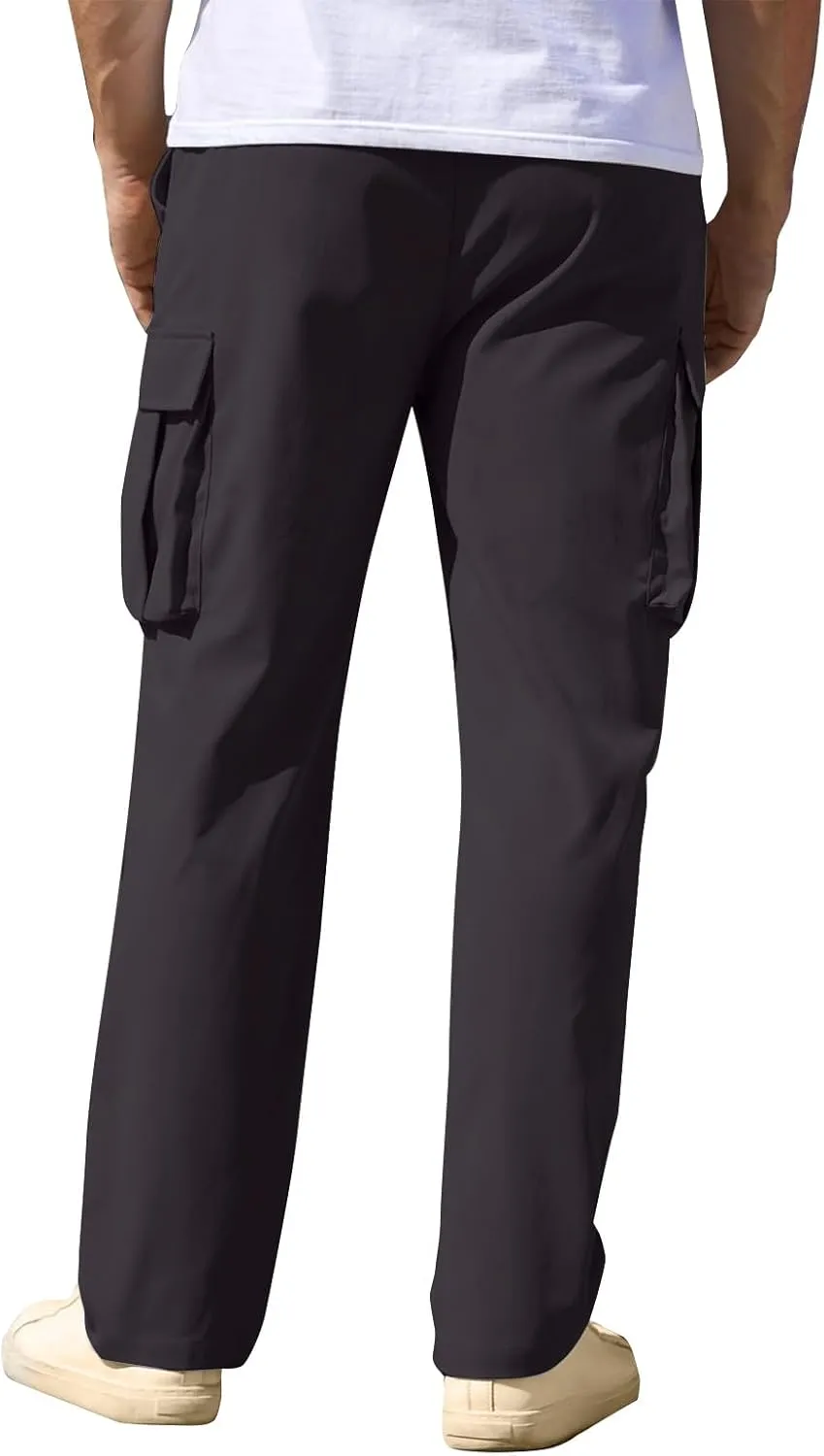 Mens Cargo Pants Relaxed Fit Drawstring Waist Open Bottom Cargo Pants with Pockets Outdoor Trendy Hiking Pants