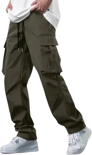 Mens Cargo Pants Relaxed Fit Drawstring Waist Open Bottom Cargo Pants with Pockets Outdoor Trendy Hiking Pants