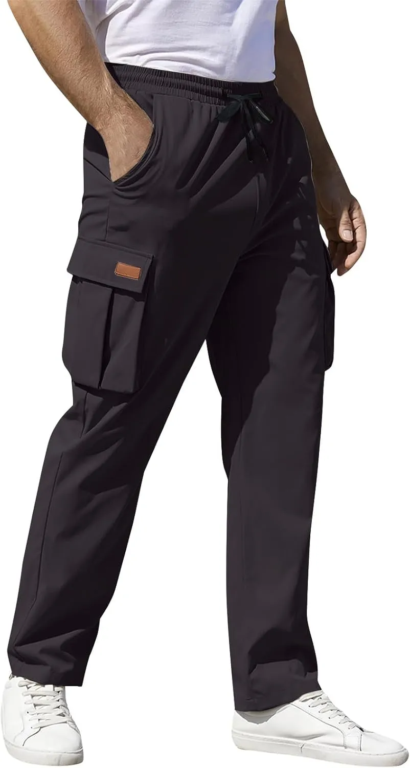 Mens Cargo Pants Relaxed Fit Drawstring Waist Open Bottom Cargo Pants with Pockets Outdoor Trendy Hiking Pants