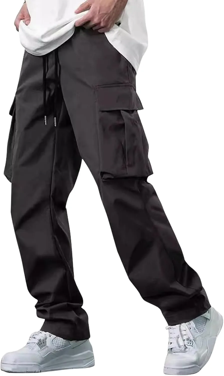 Mens Cargo Pants Relaxed Fit Drawstring Waist Open Bottom Cargo Pants with Pockets Outdoor Trendy Hiking Pants