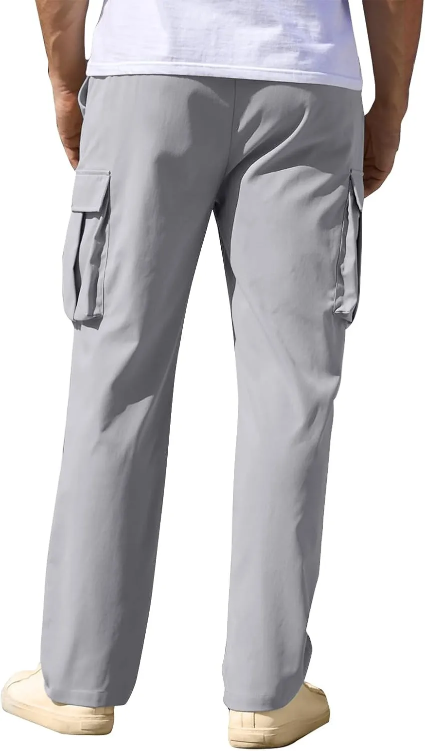 Mens Cargo Pants Relaxed Fit Drawstring Waist Open Bottom Cargo Pants with Pockets Outdoor Trendy Hiking Pants